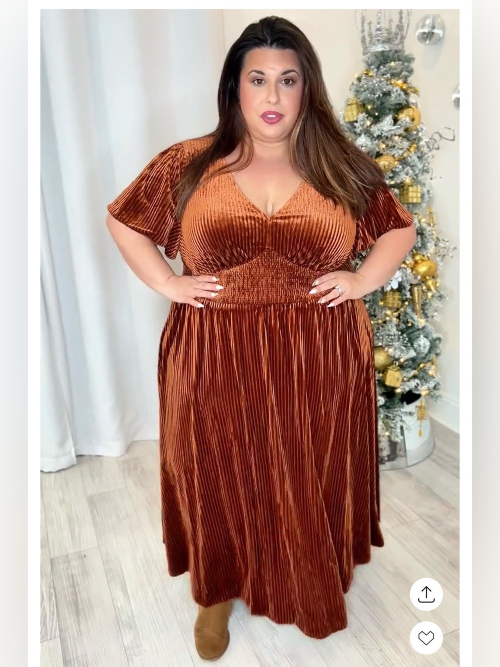 Plus Caramel Velvet Pleated Maxi Dress